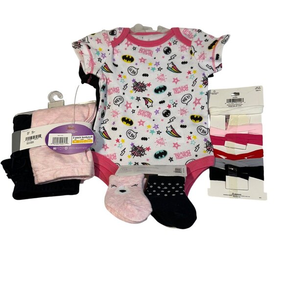 New Born Baby Girl Bundle Batman One Piece Bodysuits Headbands Pants & Socks NWT - Picture 3 of 11